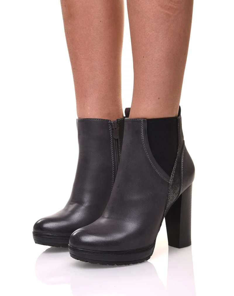 Bottines grises à talons hauts bi matières