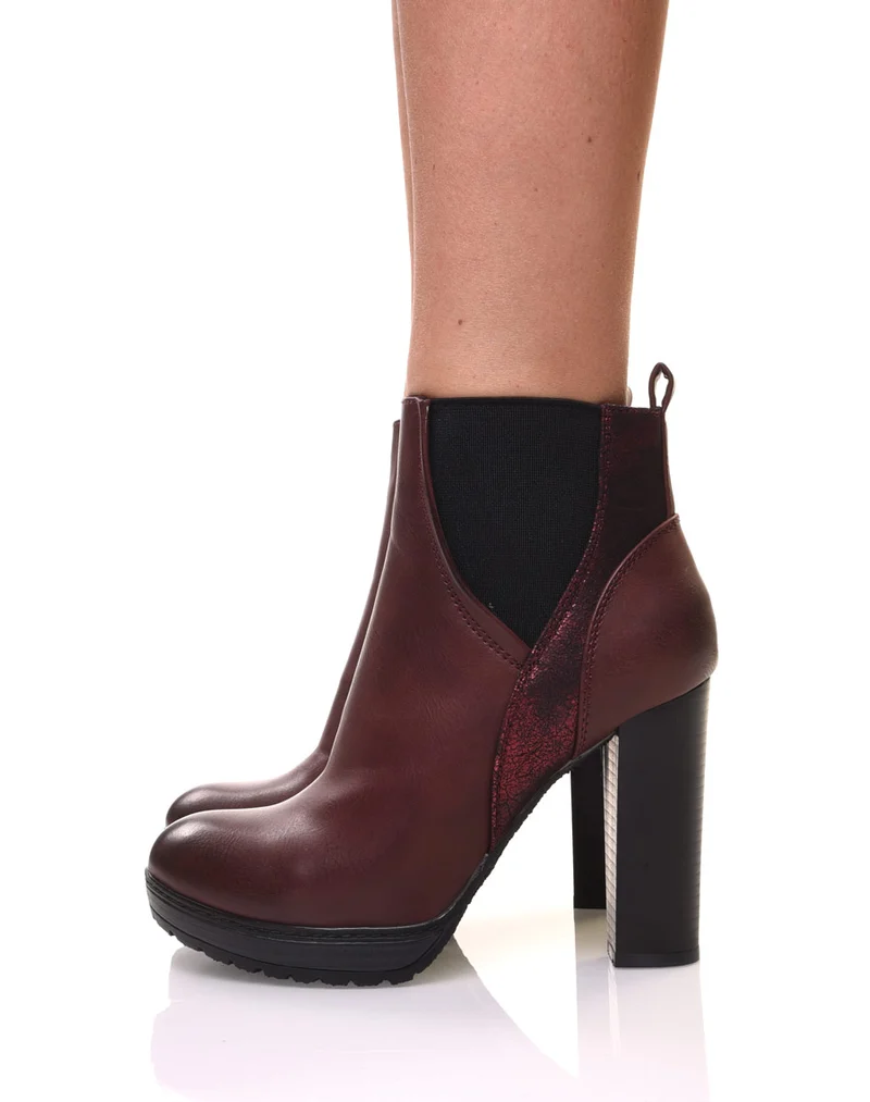 Bottines bordeaux à talons hauts bi matières