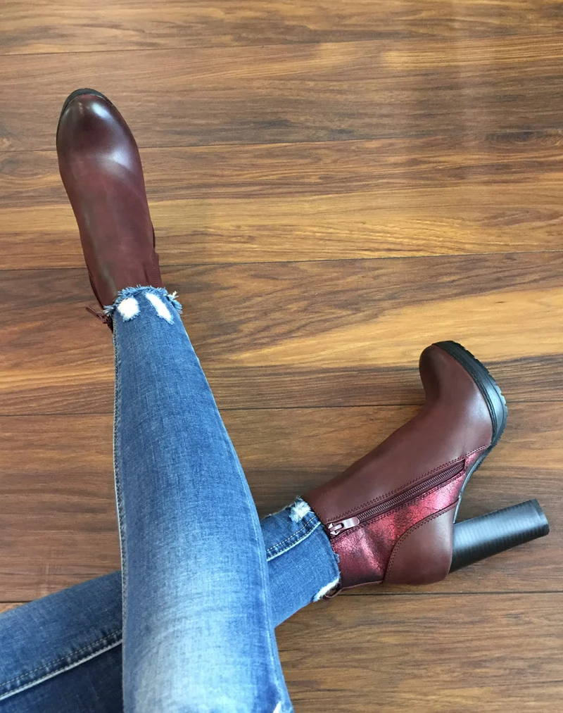 Bottines bordeaux à talons hauts bi matières