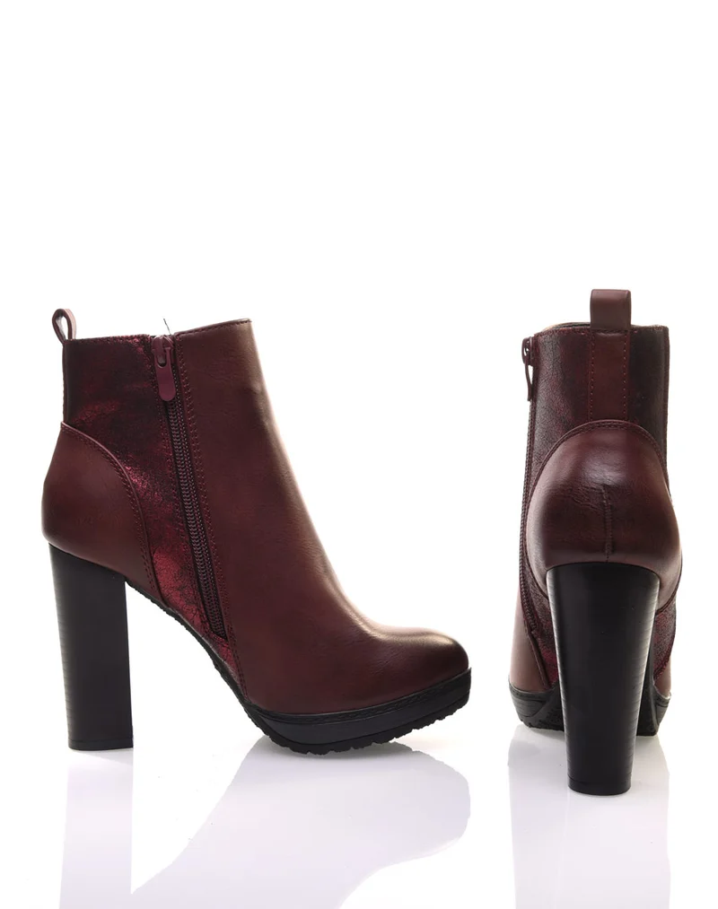 Bottines bordeaux à talons hauts bi matières