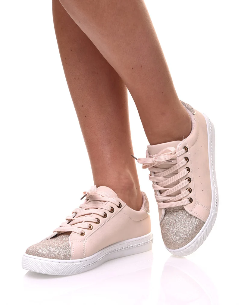 Sneakers bi matières abricot pailletés
