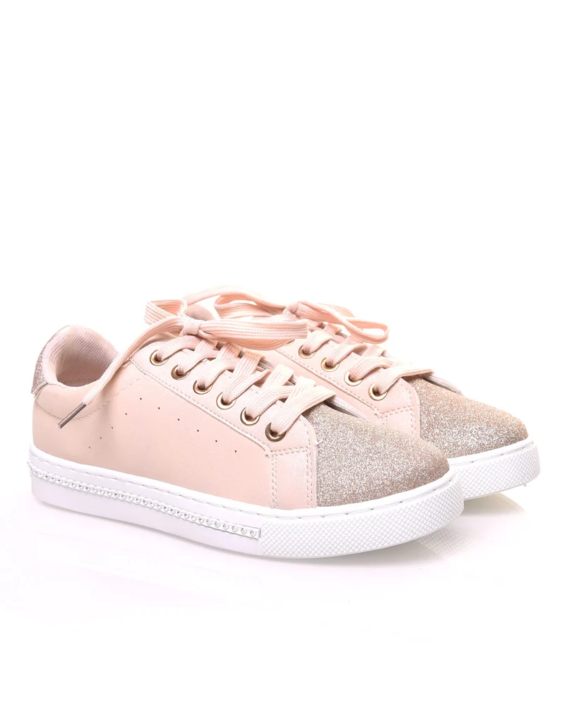 Sneakers bi matières abricot pailletés