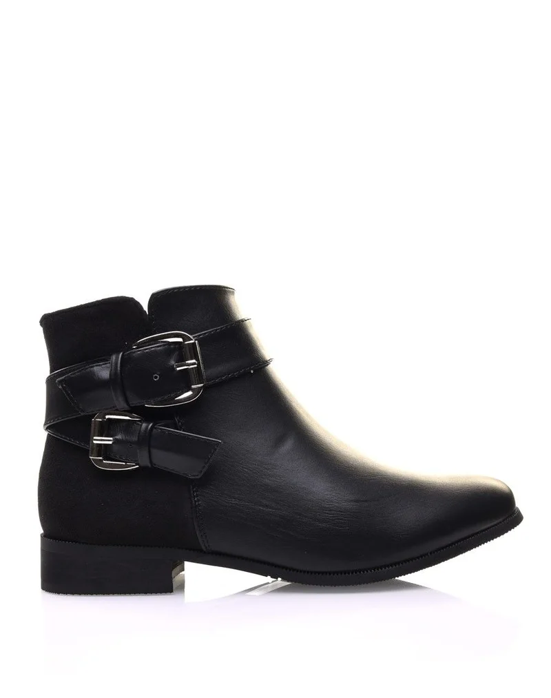 Bottines noires plates lanières à sangles décoratives