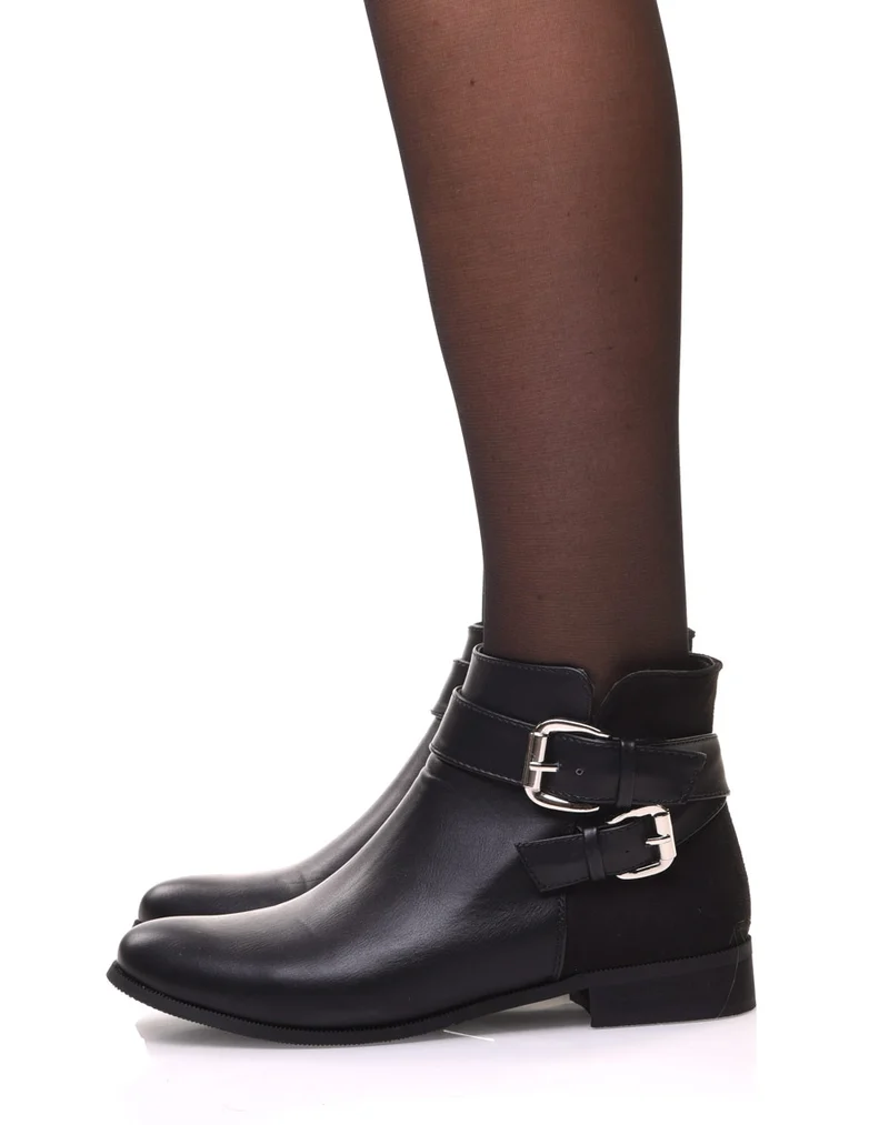 Bottines noires plates lanières à sangles décoratives