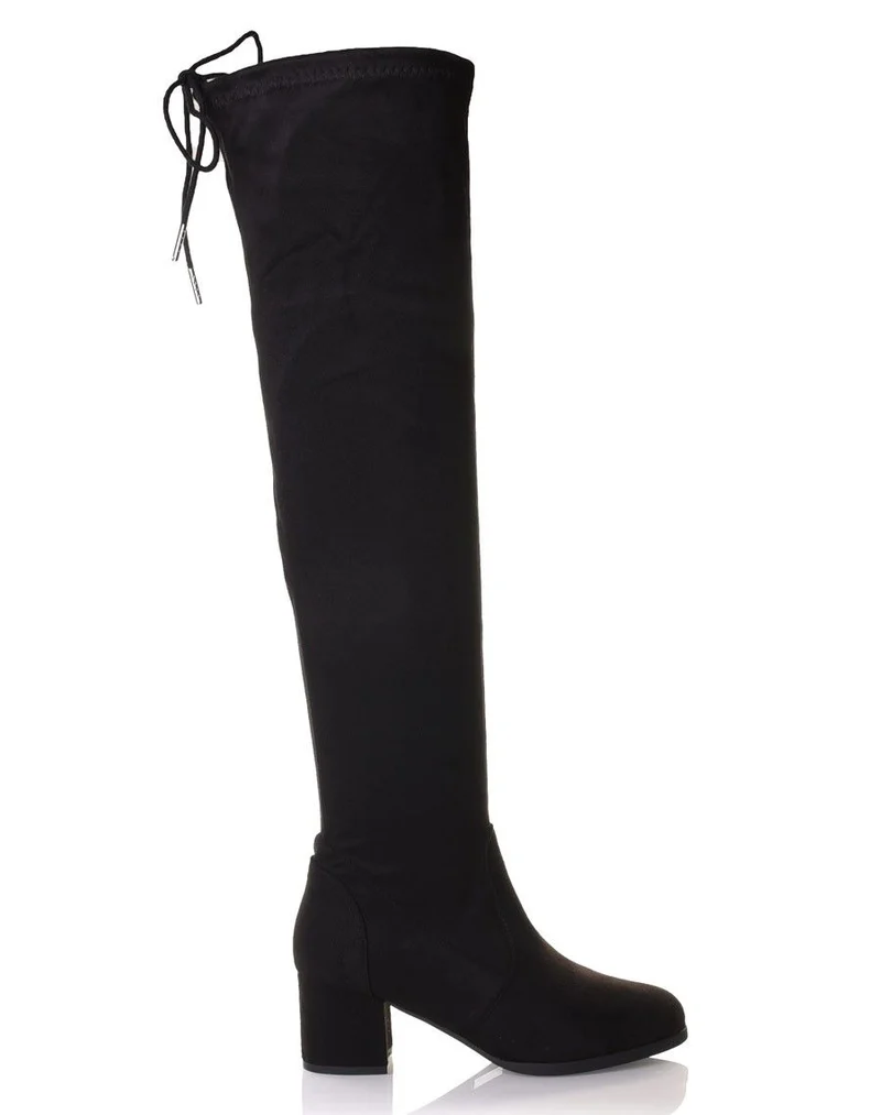 Cuissardes noires en suédine à talons mi hauts