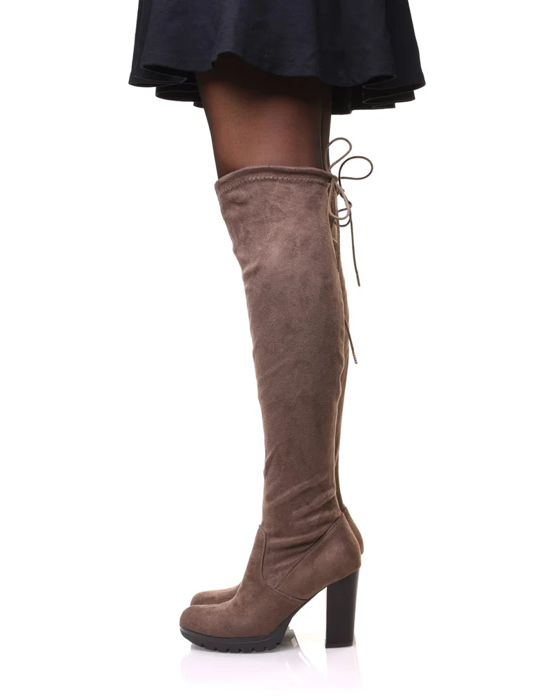 Cuissardes taupes en suédines talons hauts