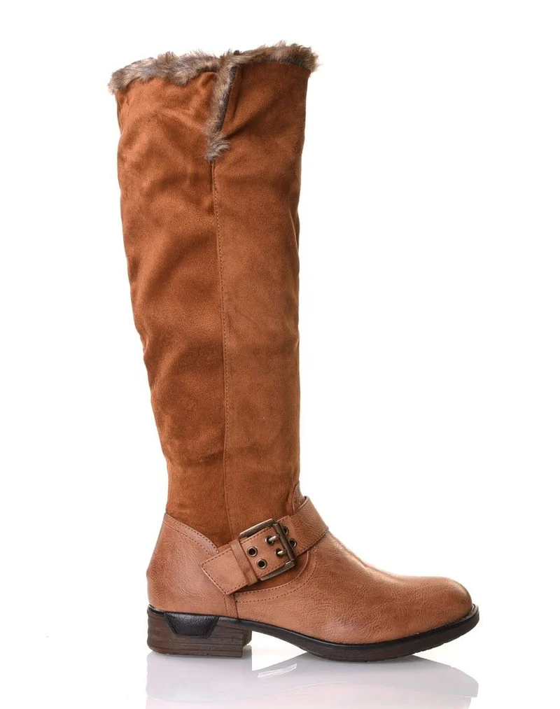 Bottes camel bi matières fourrées
