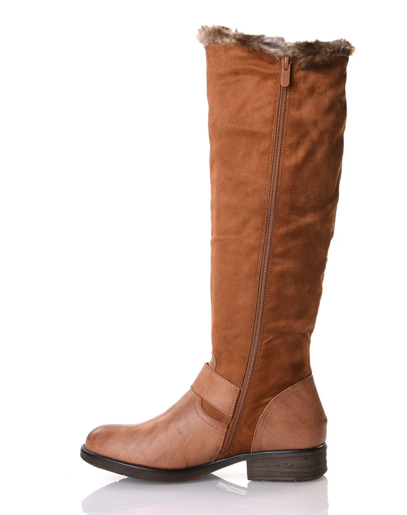 Bottes camel bi matières fourrées