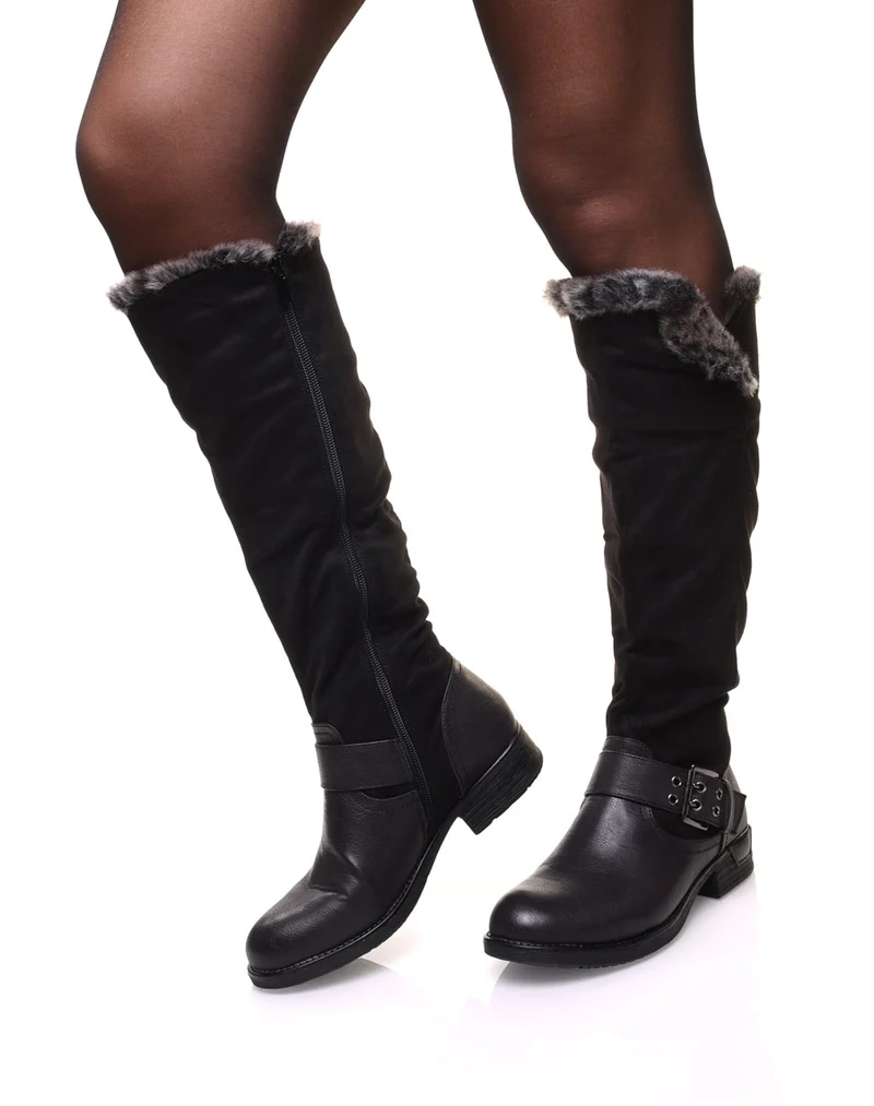 Bottes noires bi matières fourrées