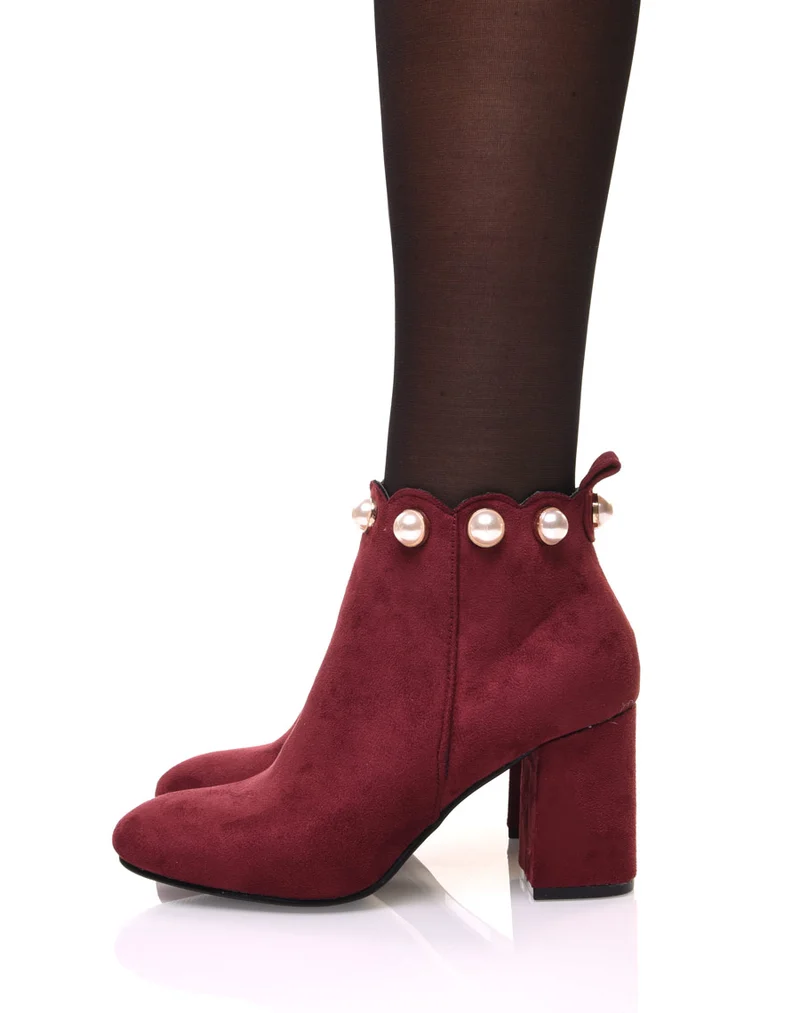 Bottines bordeaux bordées de perles