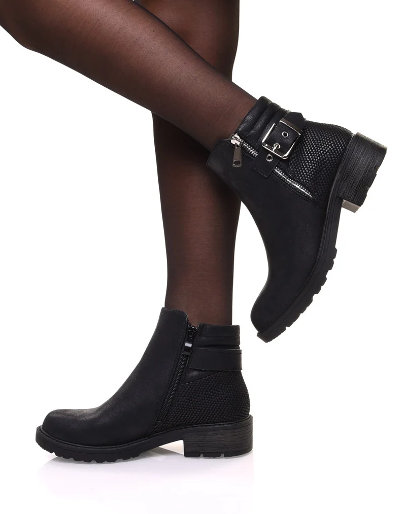 Bottines noires semelles crantées effet croco
