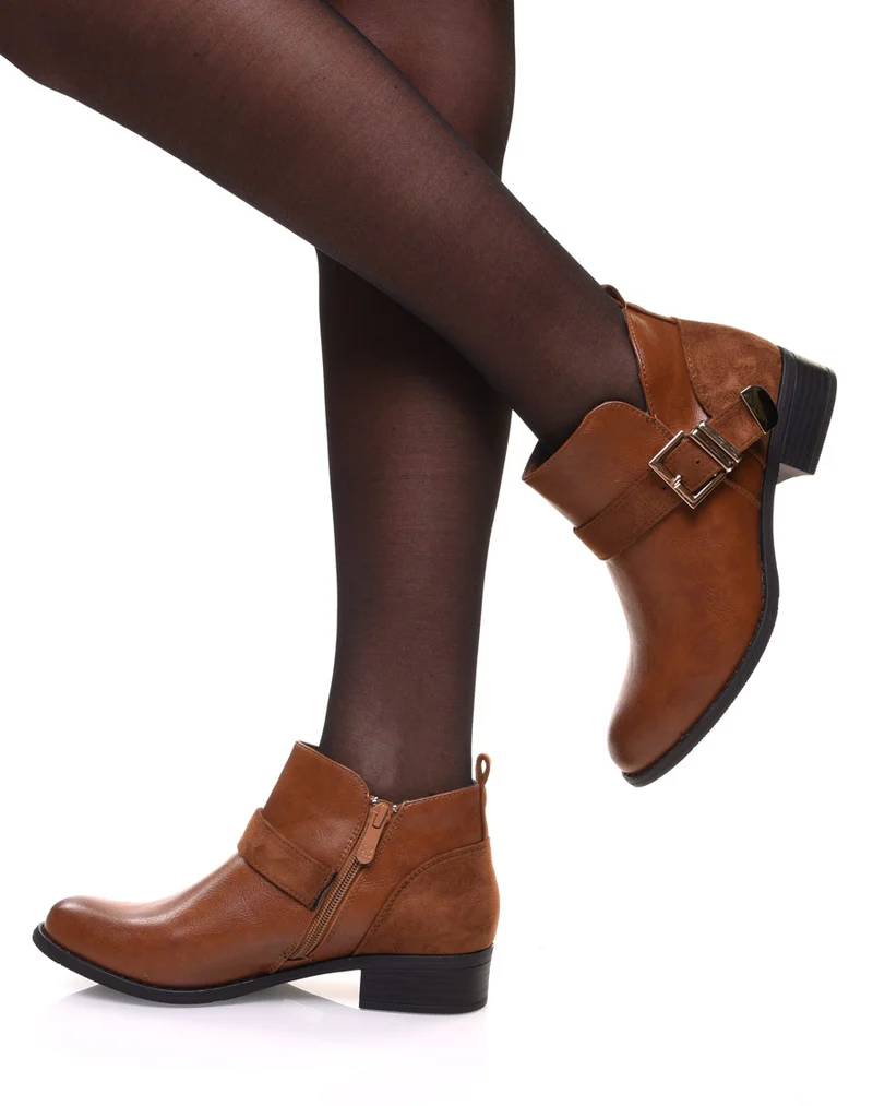 Bottines plates camel empiècements suédines