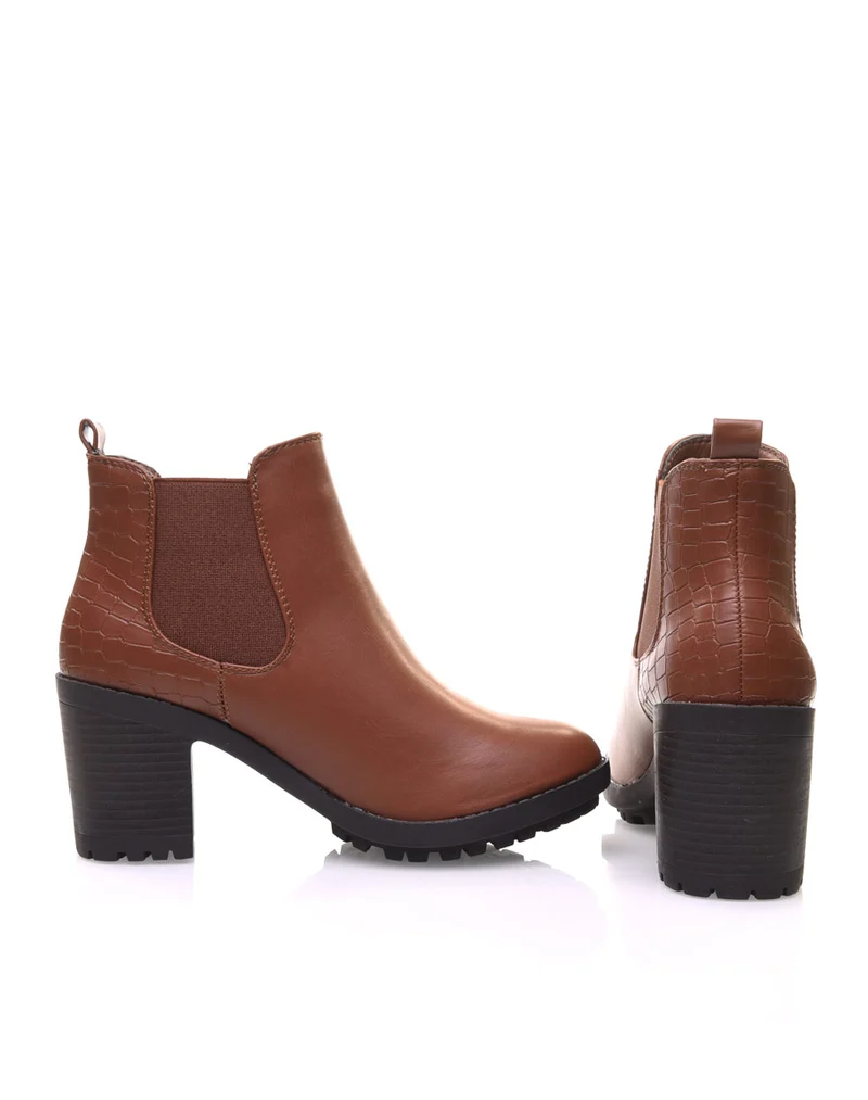 Chelsea boots camel à talon et effet croco