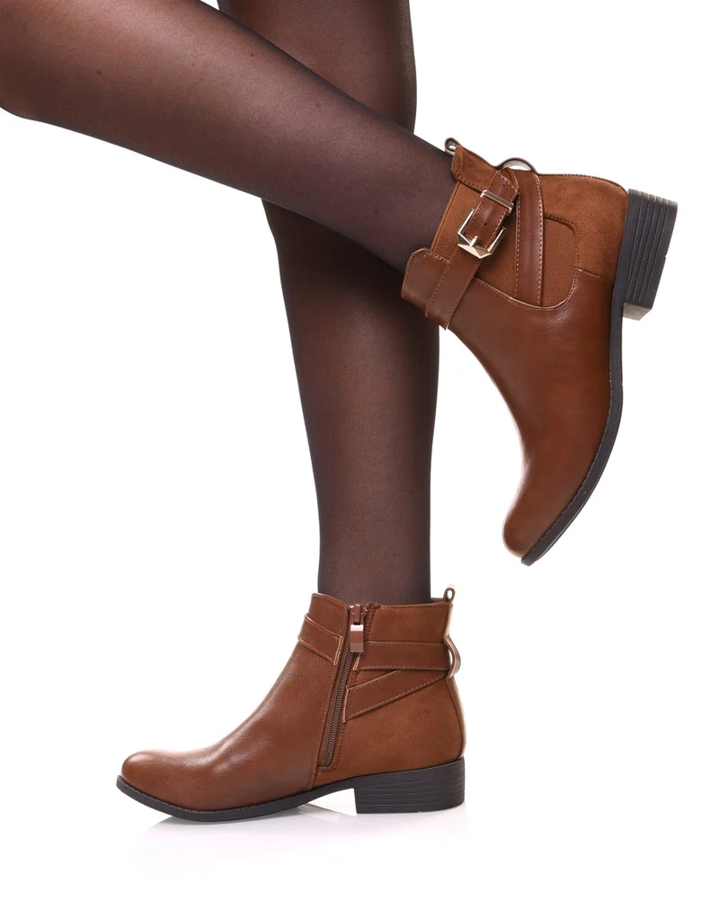 Chelsea boots bi-matières camel à lanières