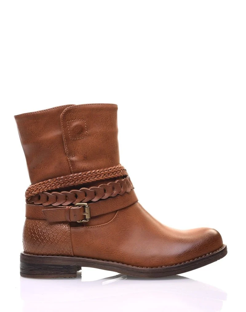 Bottines motardes camel à lanières tressées