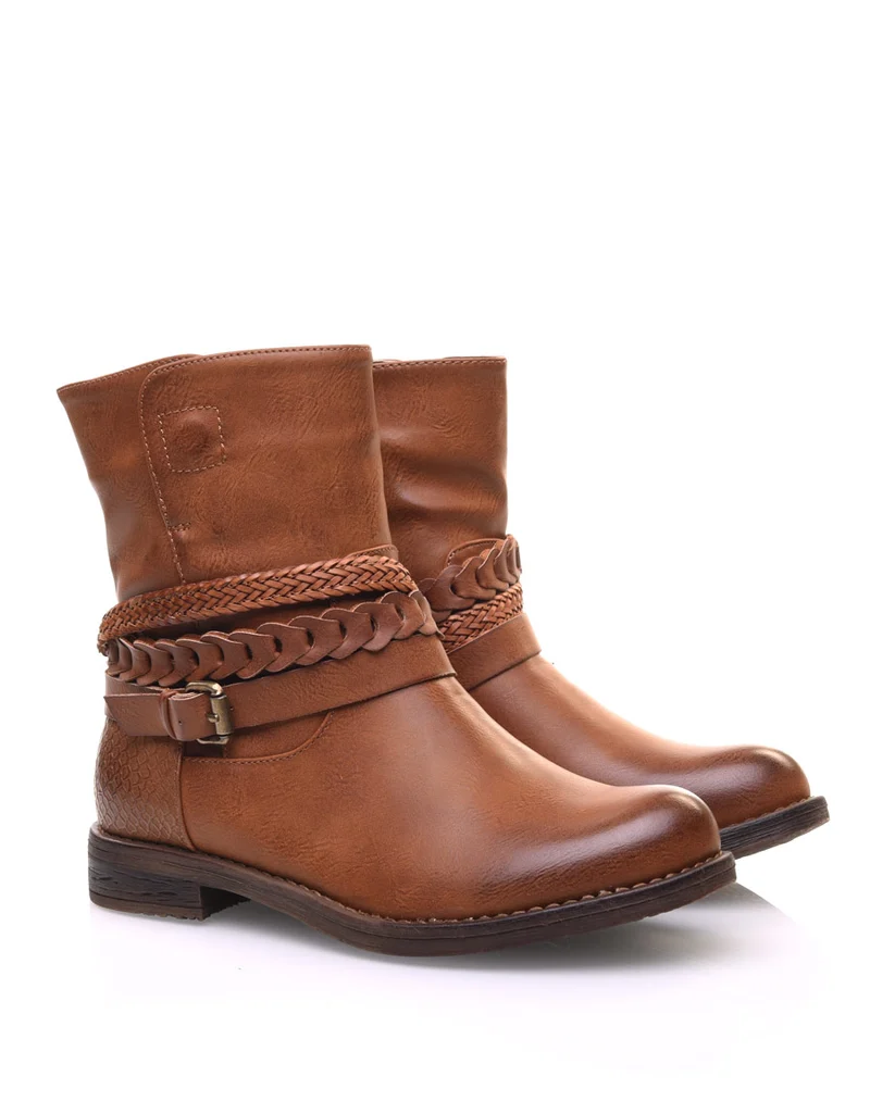 Bottines motardes camel à lanières tressées