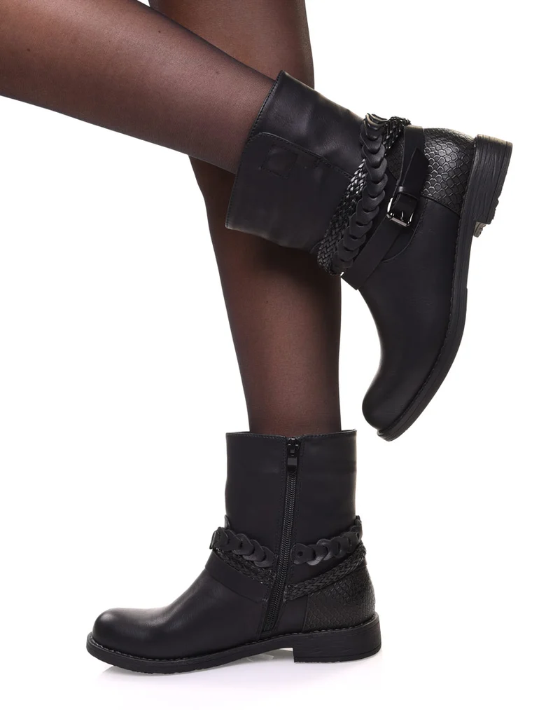 Bottines motardes noires à lanières tressées