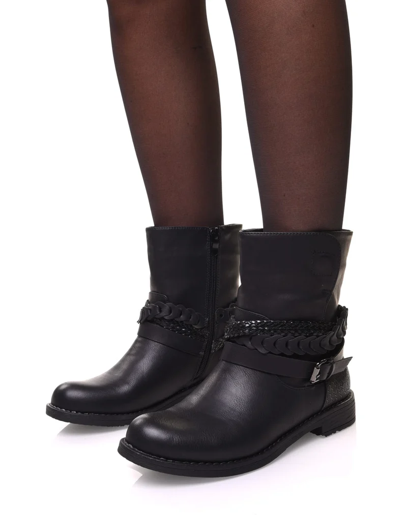 Bottines motardes noires à lanières tressées