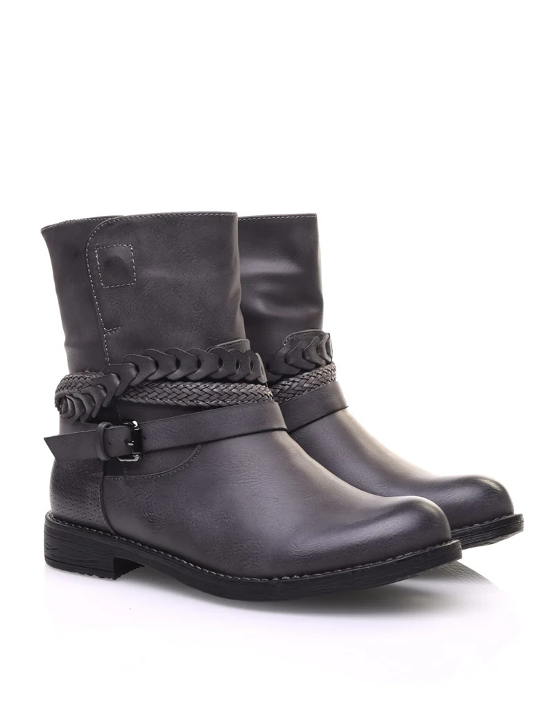 Bottines motardes grises à lanières tressées