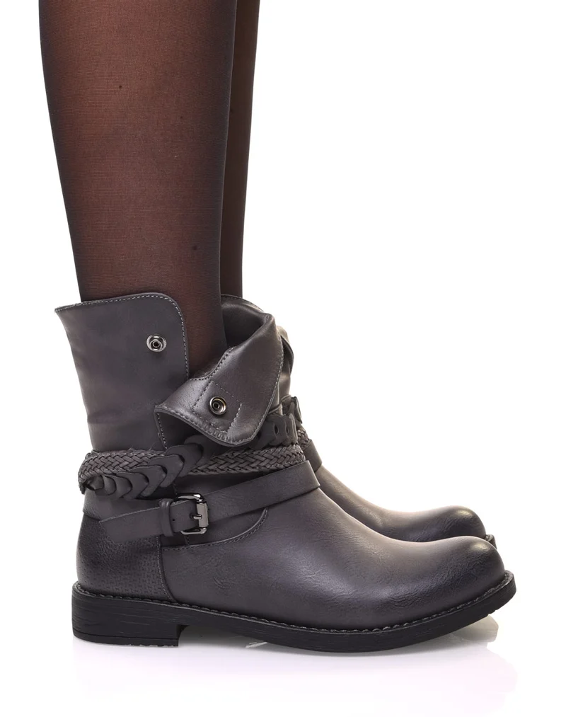 Bottines motardes grises à lanières tressées