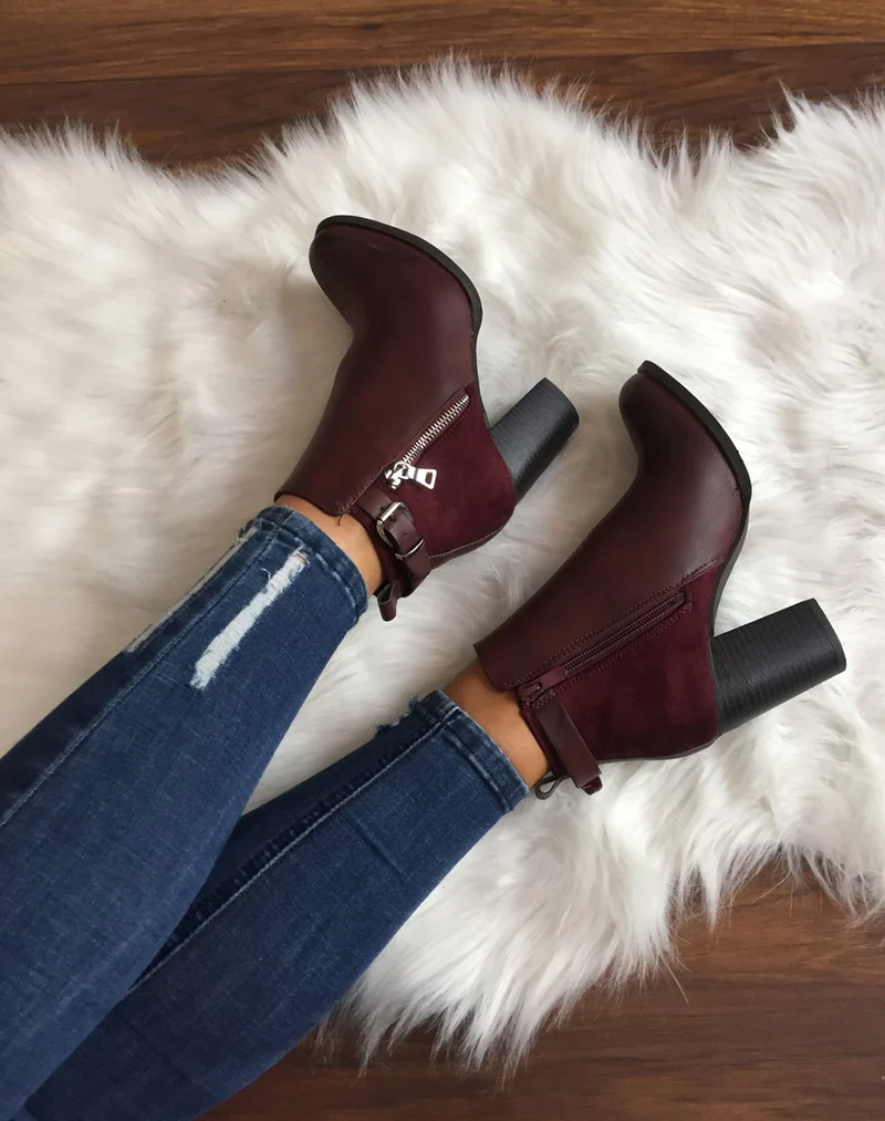 Bottines à talons bordeaux bi matières avec sangle