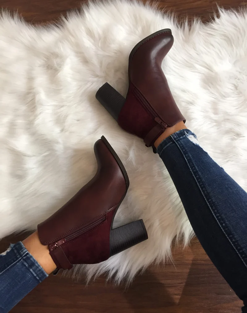 Bottines à talons bordeaux bi matières avec sangle