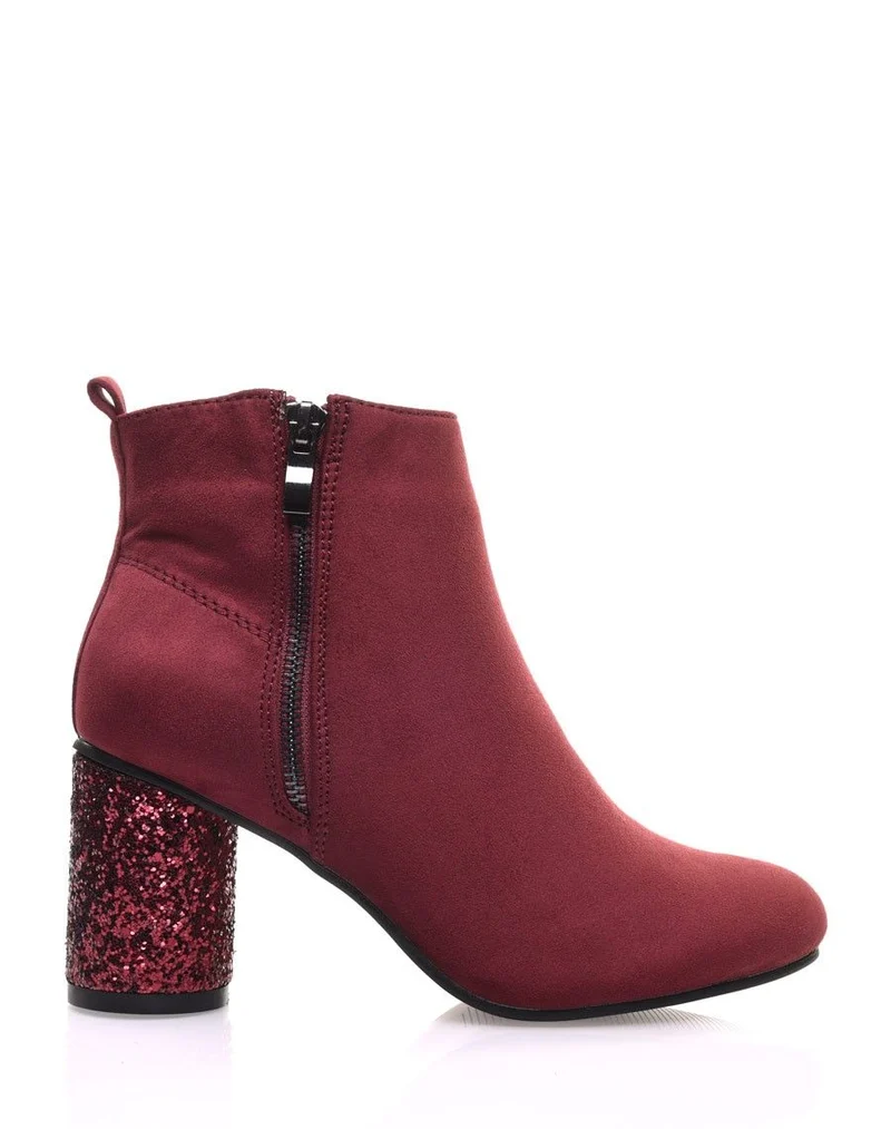Bottines bordeaux à talons ronds et pailletés