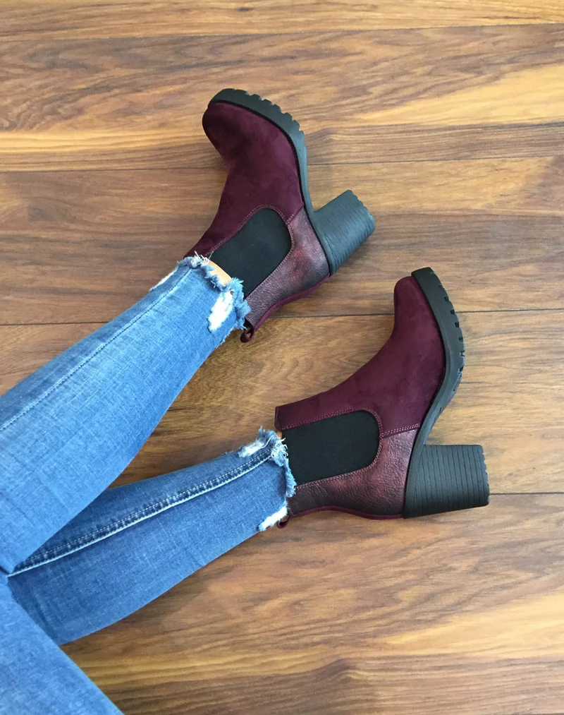 Bottines bordeaux mi hautes bi-matières