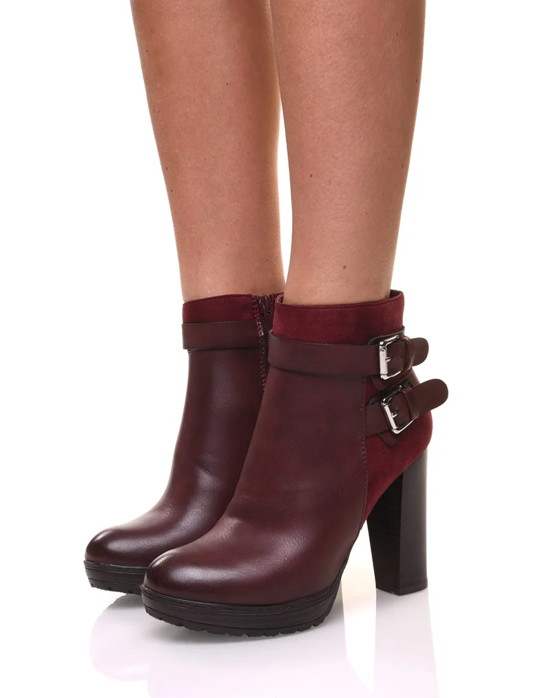 Bottines bordeaux à talons bi-matières