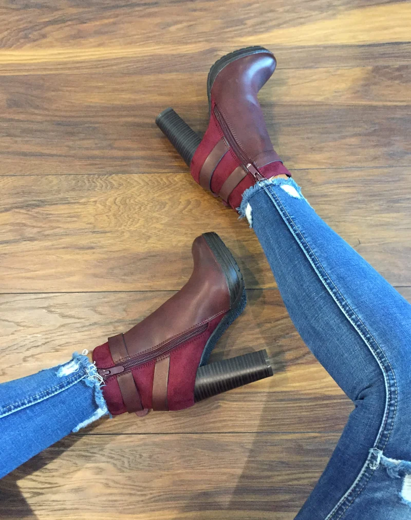 Bottines bordeaux à talons bi-matières