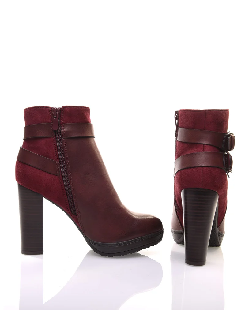 Bottines bordeaux à talons bi-matières