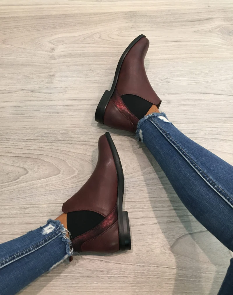 Bottines bordeaux plates métallisées