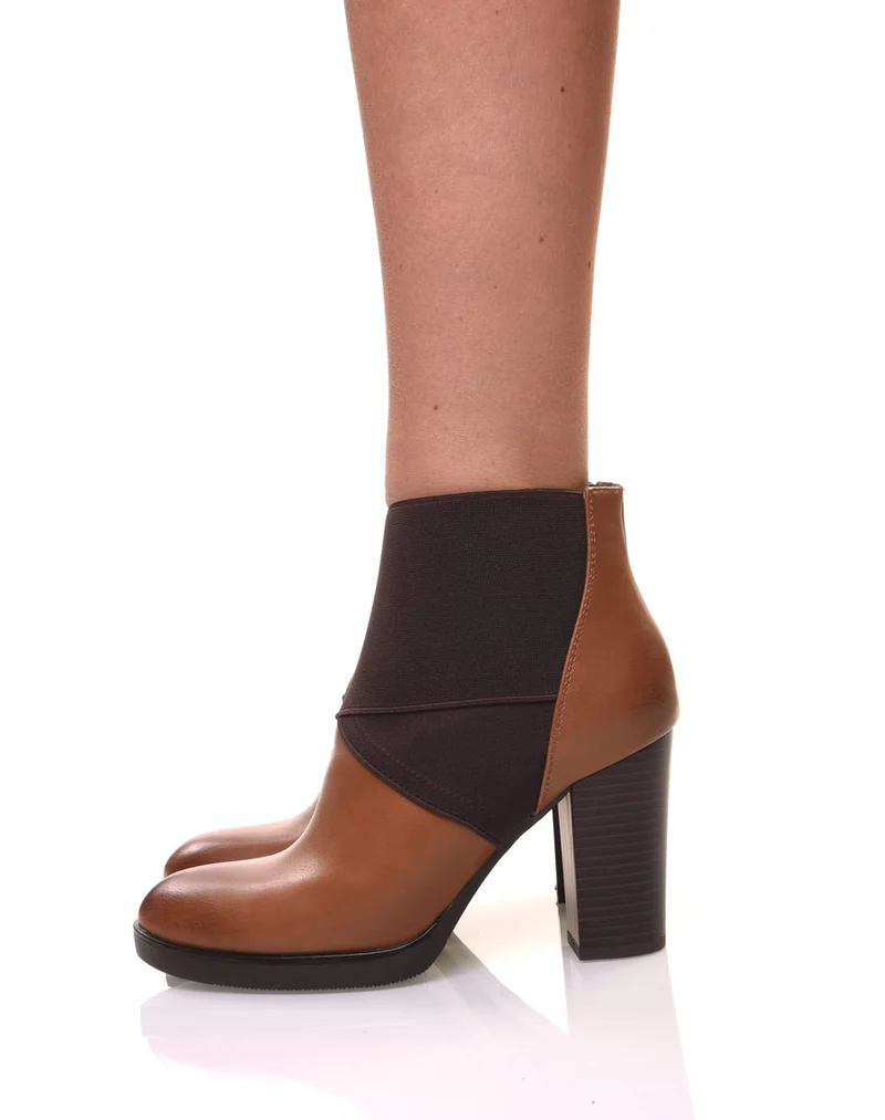 Bottines camel à talons bi matières
