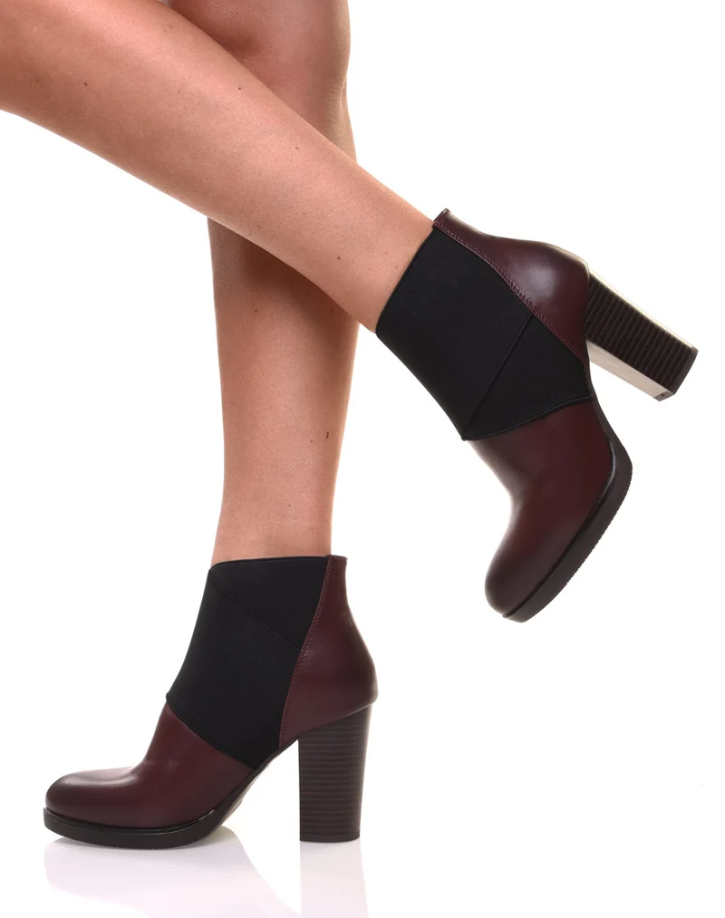 Bottines bordeaux à talons bi matières