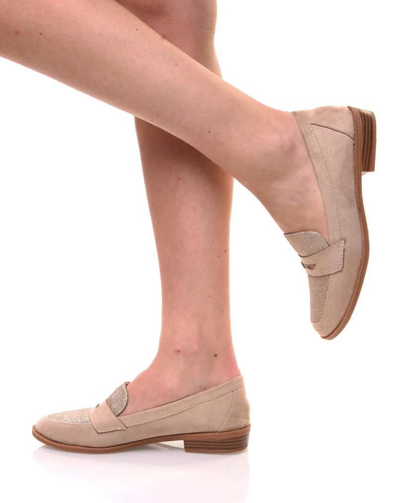 Mocassins beiges en suédine effet pailleté