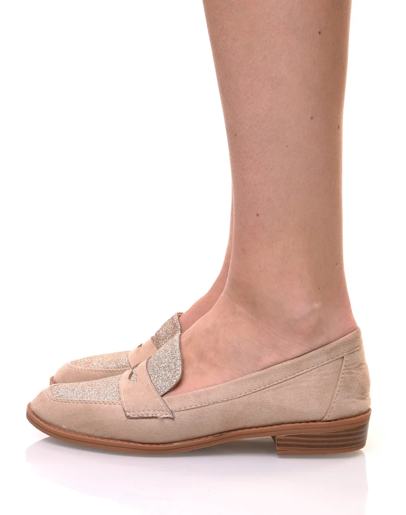 Mocassins beiges en suédine effet pailleté