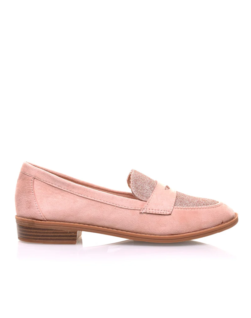 Mocassins roses en suédine effet pailleté