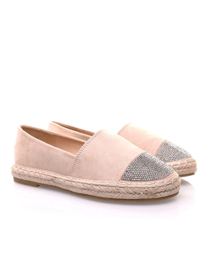 Espadrilles beiges en suédine ornées de strass
