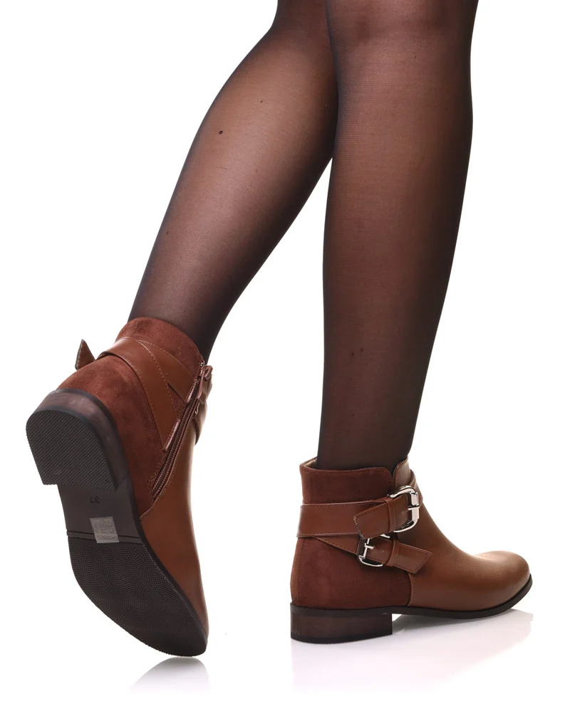 Bottines camel plates lanières à sangles décoratives