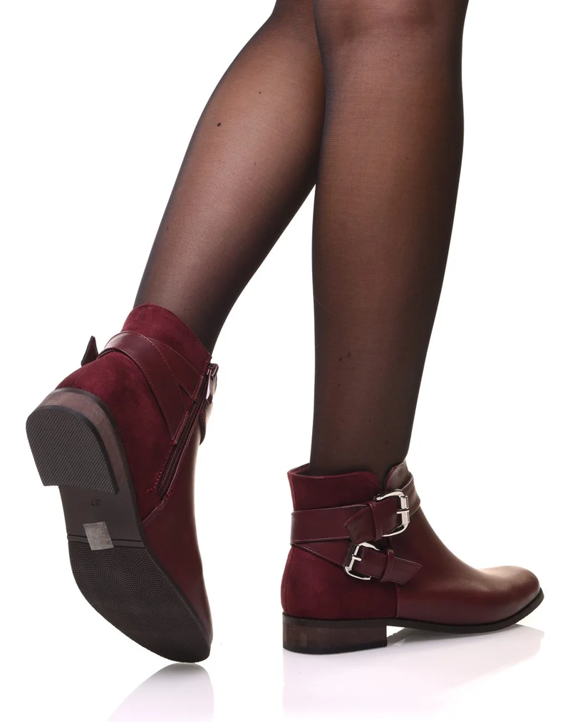 Bottines bordeaux plates lanières à sangles décoratives