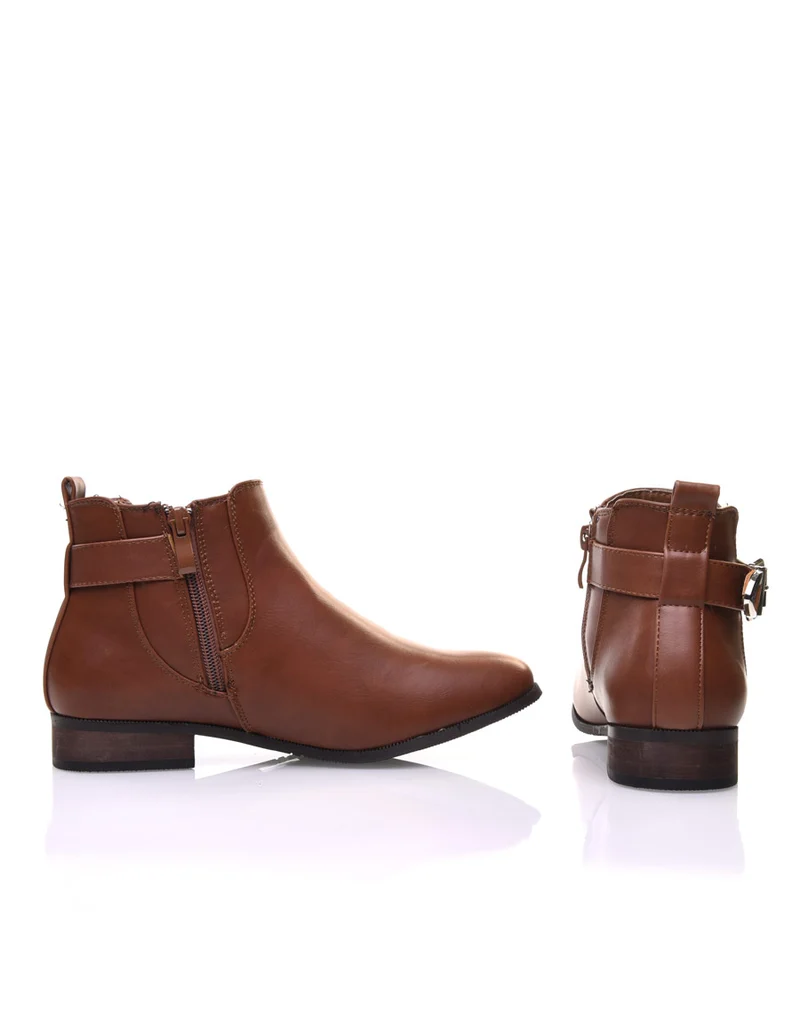 Bottines camel plates lanière et élastique décoratifs