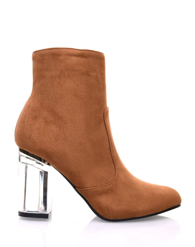 Bottines camel suédine à talons transparents