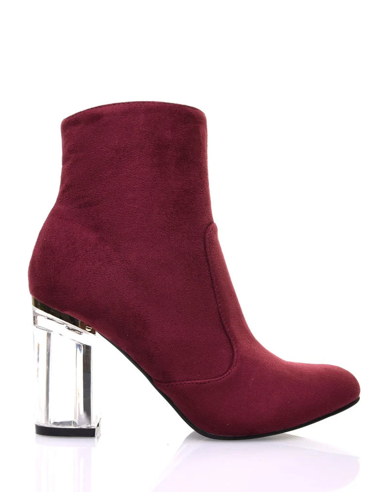 Bottines bordeaux suédine à talons transparents