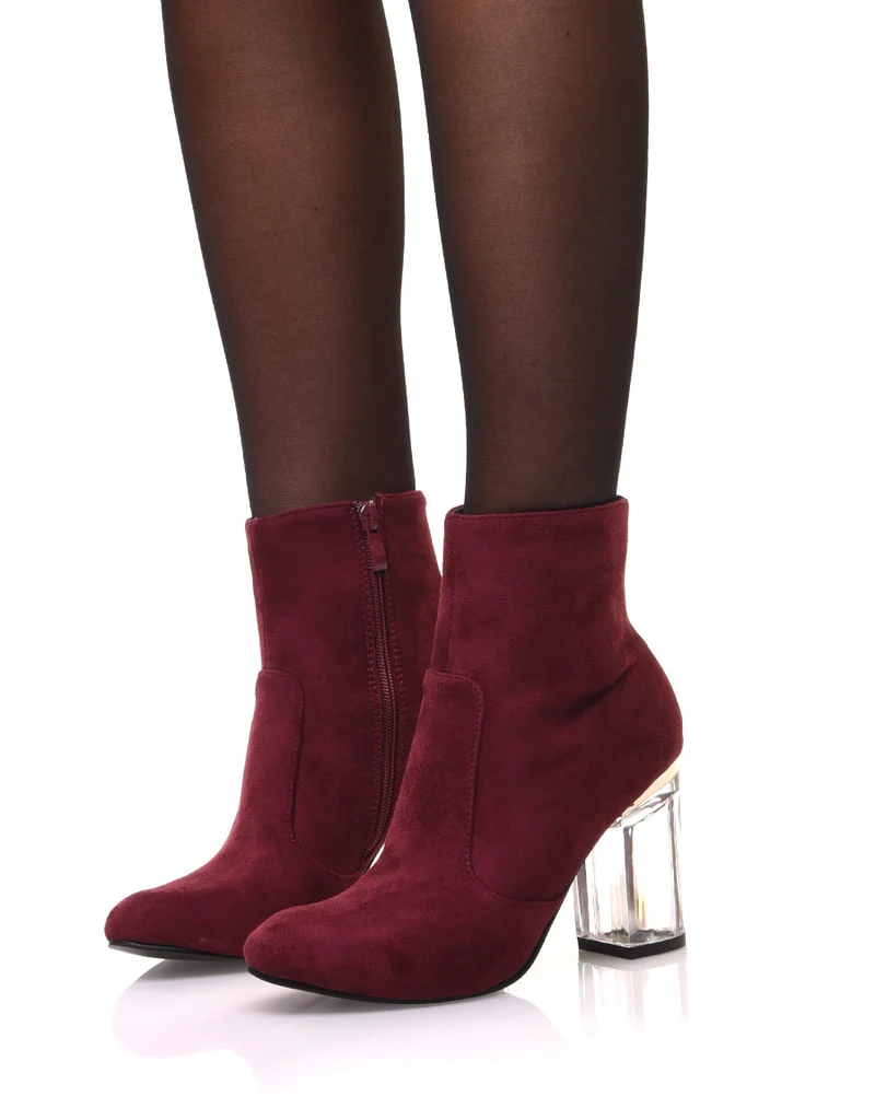 Bottines bordeaux suédine à talons transparents