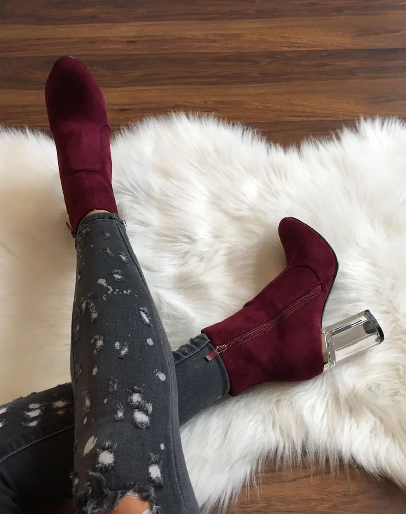 Bottines bordeaux suédine à talons transparents