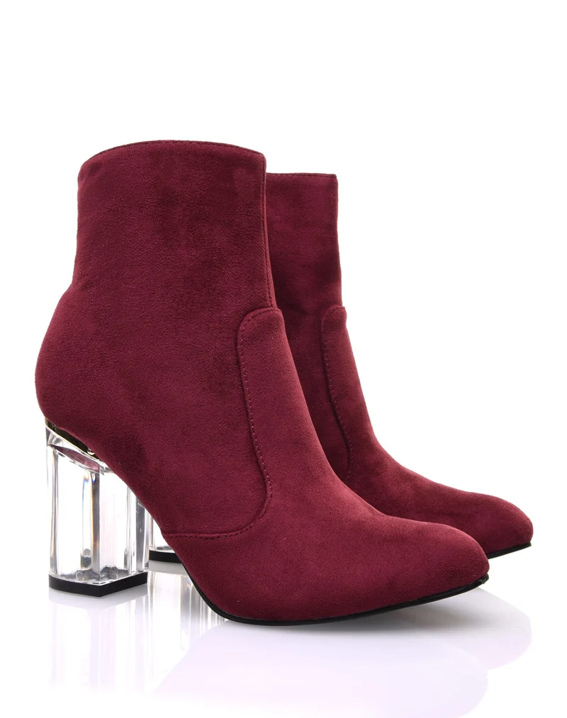 Bottines bordeaux suédine à talons transparents