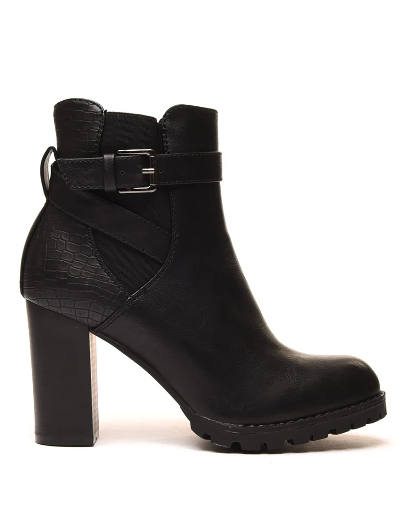 Bottines noires à talons bi matières à sangle décorative