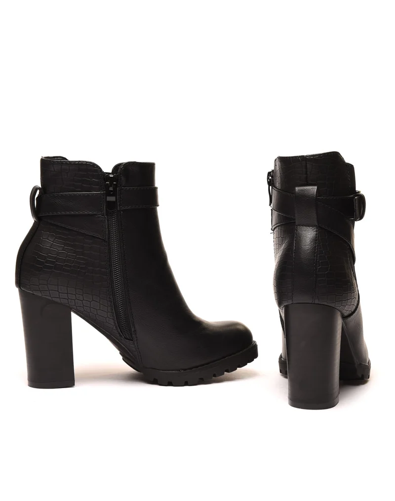 Bottines noires à talons bi matières à sangle décorative