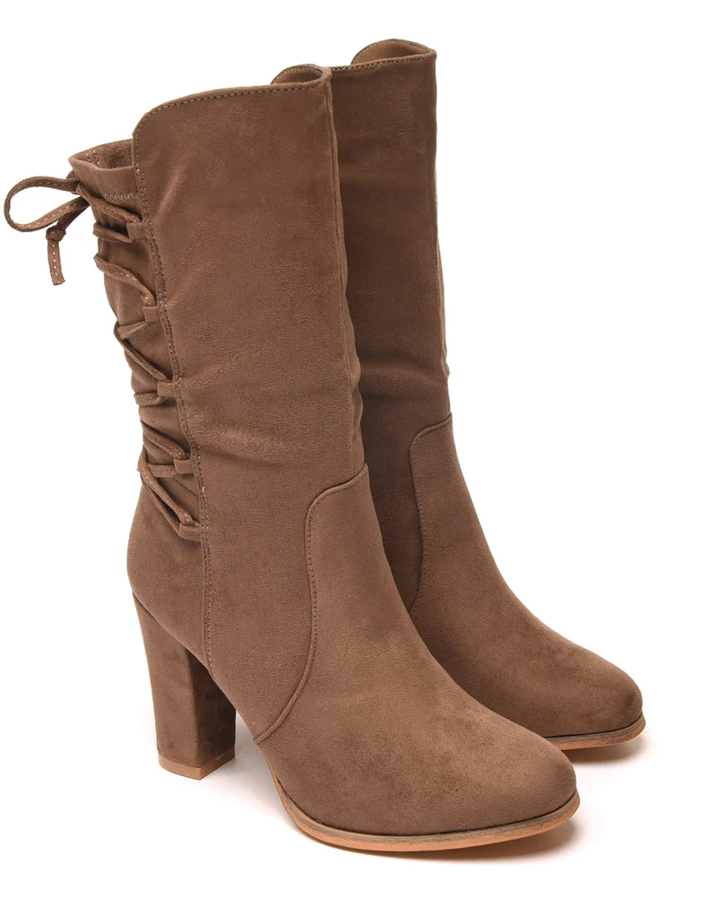 Bottines hautes suédines taupes avec lacet arrière