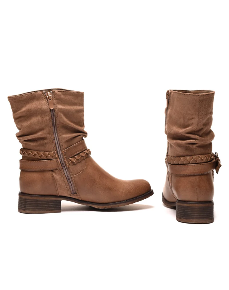 Bottines plates taupes avec lanières multiples et bi matières